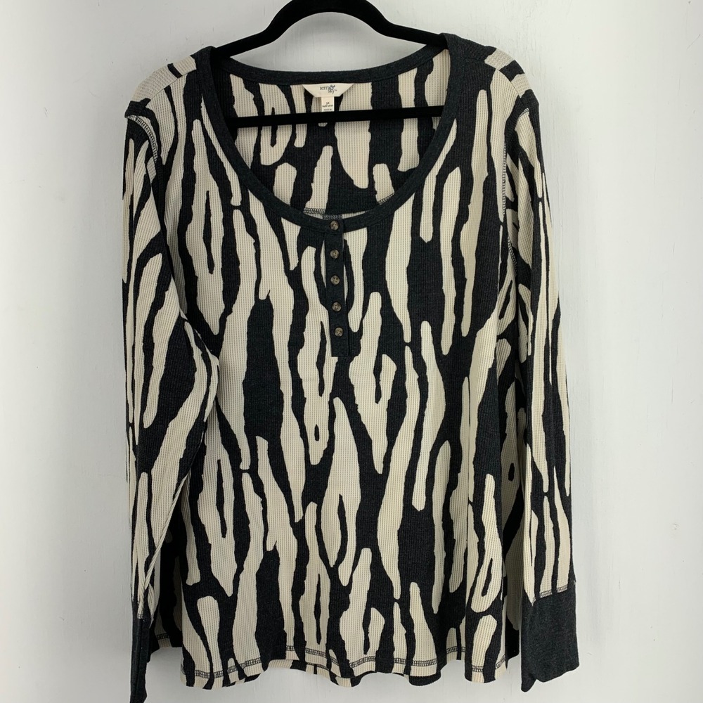 Terra Sky Womens 3X Abstract Zebra Waffle Knit Henley Thermal Top Grunge Lounge